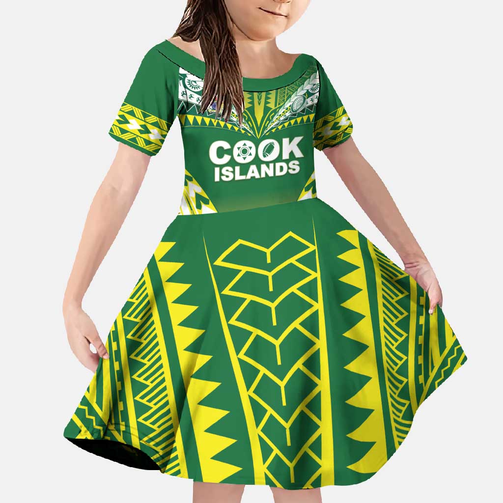 Cook Islands Rugby Custom Family Matching Summer Maxi Dress and Hawaiian Shirt The Kukis Go Champions LT05 Daughter's Dress Green - Polynesian Pride