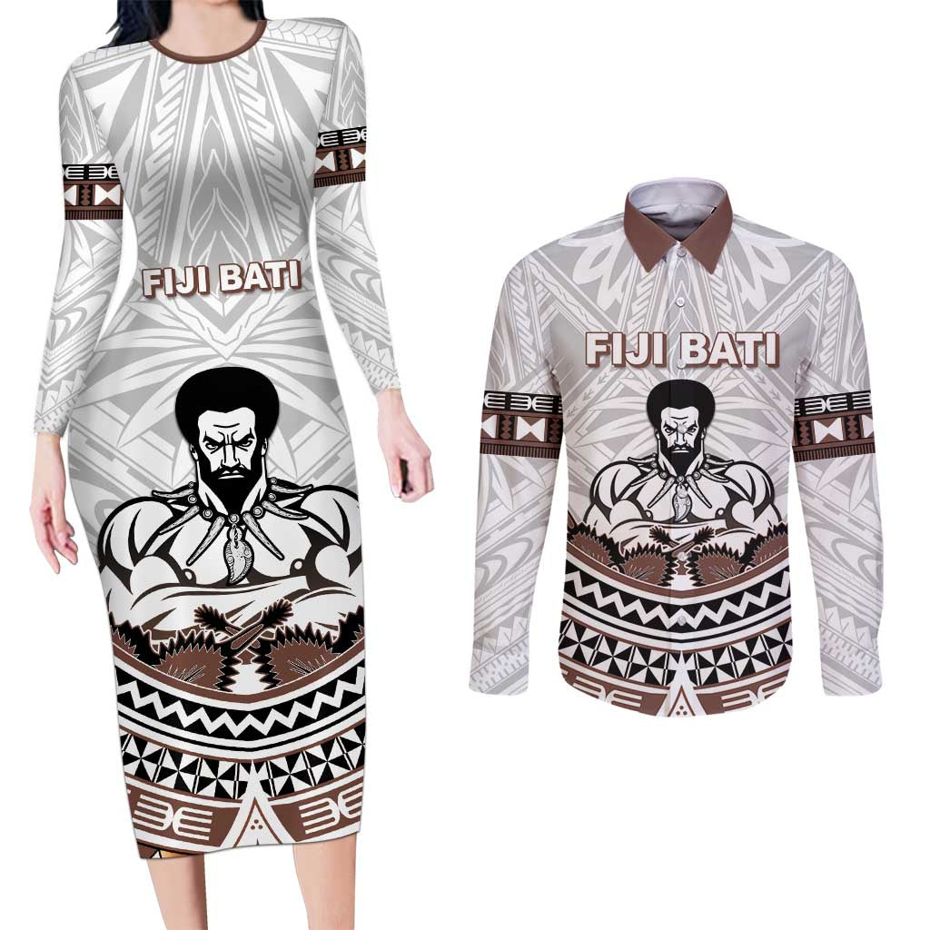 Fiji Rugby Custom Couples Matching Long Sleeve Bodycon Dress and Long Sleeve Button Shirt Fijian Bati Go Champions LT05 White - Polynesian Pride