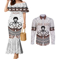 Fiji Rugby Custom Couples Matching Mermaid Dress and Long Sleeve Button Shirt Fijian Bati Go Champions LT05 White - Polynesian Pride