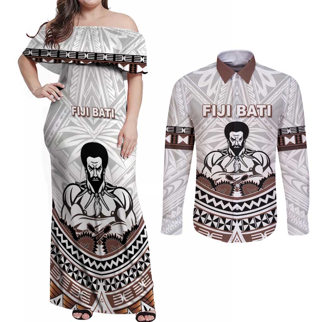 Fiji Rugby Custom Couples Matching Off Shoulder Maxi Dress and Long Sleeve Button Shirt Fijian Bati Go Champions LT05 White - Polynesian Pride
