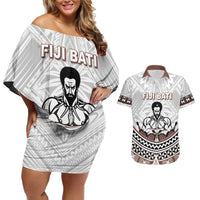 Fiji Rugby Custom Couples Matching Off Shoulder Short Dress and Hawaiian Shirt Fijian Bati Go Champions LT05 White - Polynesian Pride