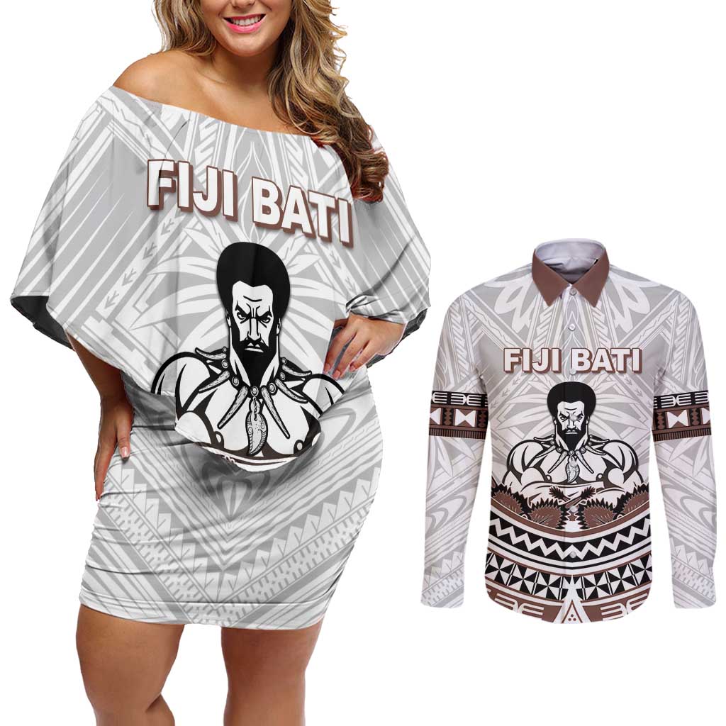 Fiji Rugby Custom Couples Matching Off Shoulder Short Dress and Long Sleeve Button Shirt Fijian Bati Go Champions LT05 White - Polynesian Pride