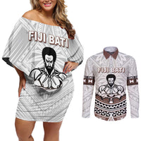 Fiji Rugby Custom Couples Matching Off Shoulder Short Dress and Long Sleeve Button Shirt Fijian Bati Go Champions LT05 White - Polynesian Pride