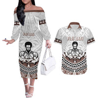 Fiji Rugby Custom Couples Matching Off The Shoulder Long Sleeve Dress and Hawaiian Shirt Fijian Bati Go Champions LT05 White - Polynesian Pride