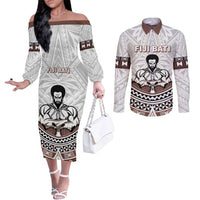 Fiji Rugby Custom Couples Matching Off The Shoulder Long Sleeve Dress and Long Sleeve Button Shirt Fijian Bati Go Champions LT05 White - Polynesian Pride