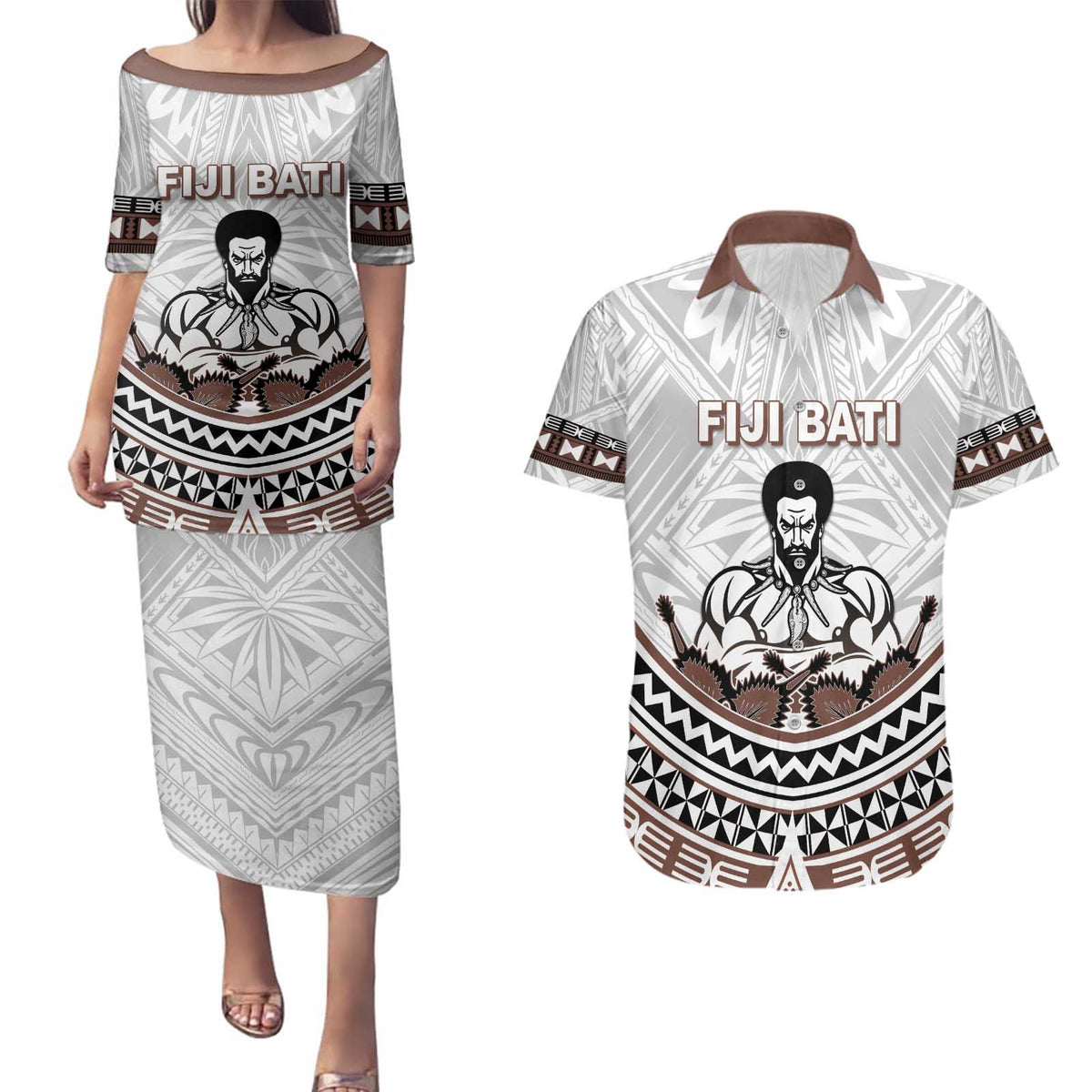 Fiji Rugby Custom Couples Matching Puletasi and Hawaiian Shirt Fijian Bati Go Champions LT05 White - Polynesian Pride