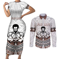 Fiji Rugby Custom Couples Matching Short Sleeve Bodycon Dress and Long Sleeve Button Shirt Fijian Bati Go Champions LT05 White - Polynesian Pride