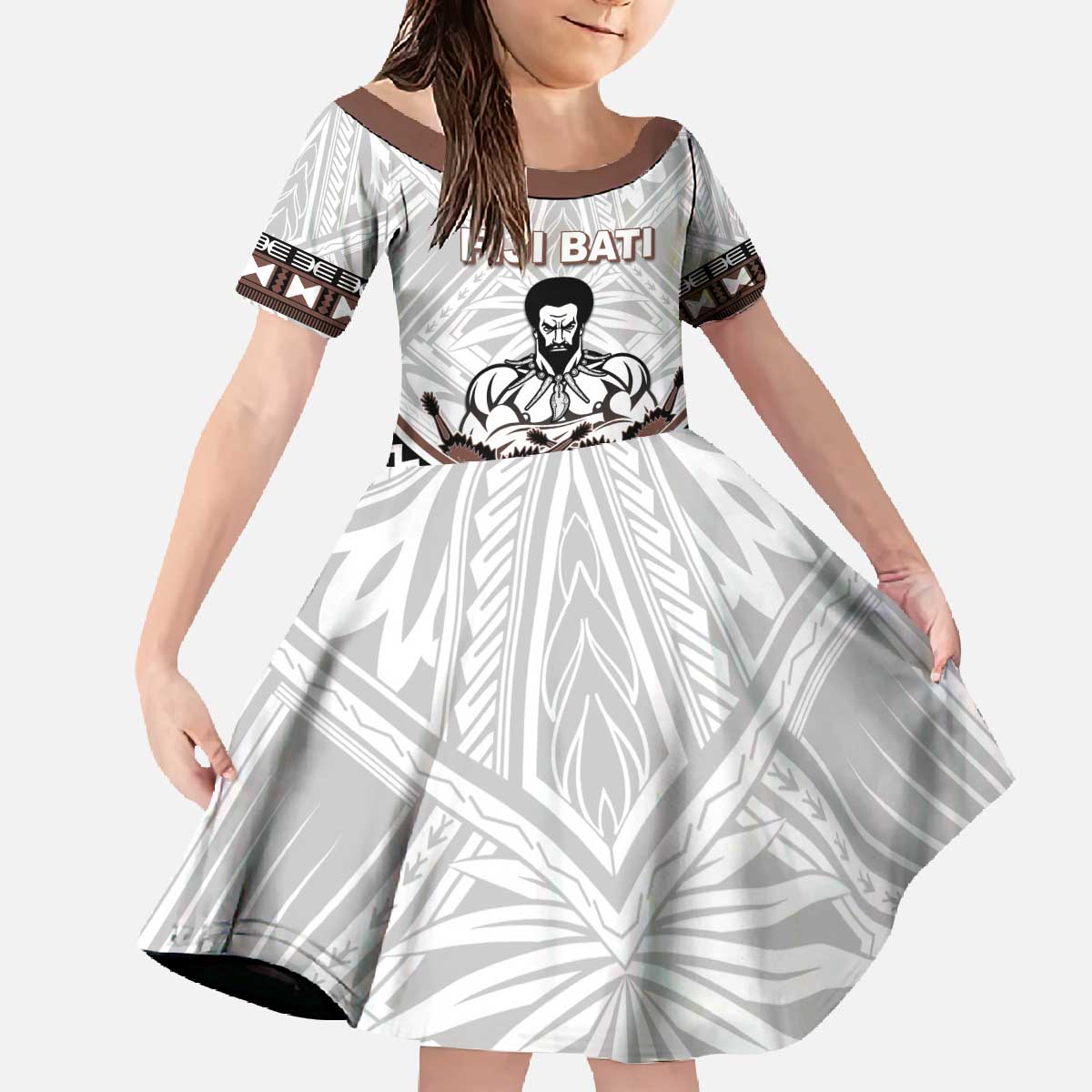 Fiji Rugby Custom Family Matching Off The Shoulder Long Sleeve Dress and Hawaiian Shirt Fijian Bati Go Champions LT05 Daughter's Dress White - Polynesian Pride