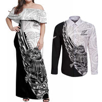 New Zealand Kiwi Rugby Custom Couples Matching Off Shoulder Maxi Dress and Long Sleeve Button Shirt Go Champions Maori Pattern LT05 White - Polynesian Pride