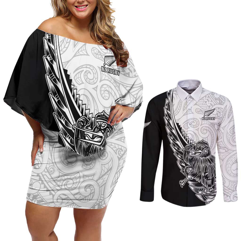New Zealand Kiwi Rugby Custom Couples Matching Off Shoulder Short Dress and Long Sleeve Button Shirt Go Champions Maori Pattern LT05 White - Polynesian Pride