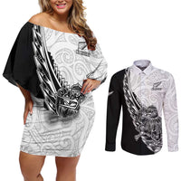 New Zealand Kiwi Rugby Custom Couples Matching Off Shoulder Short Dress and Long Sleeve Button Shirt Go Champions Maori Pattern LT05 White - Polynesian Pride