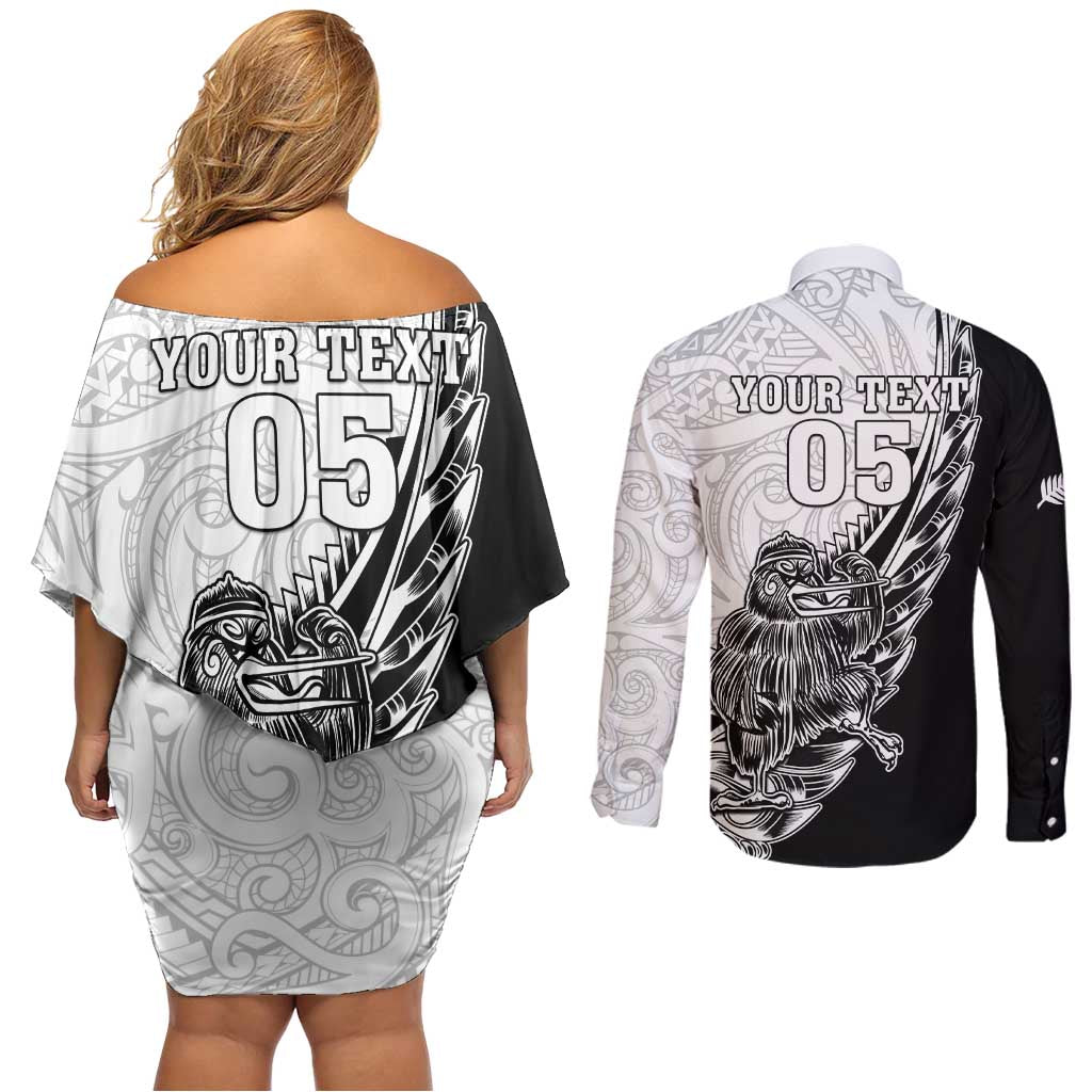 New Zealand Kiwi Rugby Custom Couples Matching Off Shoulder Short Dress and Long Sleeve Button Shirt Go Champions Maori Pattern LT05 - Polynesian Pride