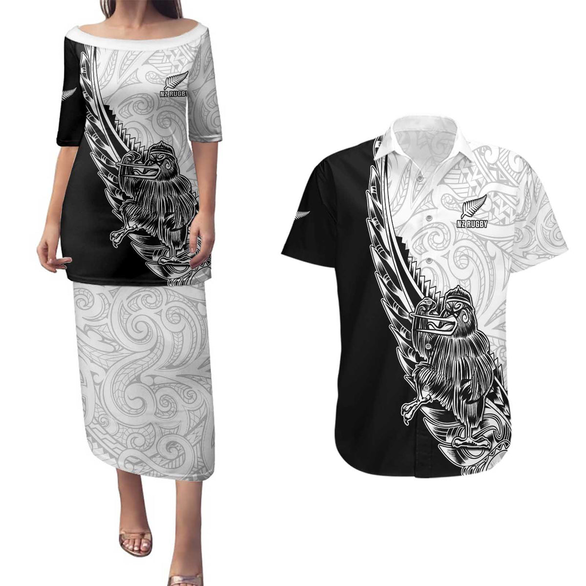 New Zealand Kiwi Rugby Custom Couples Matching Puletasi and Hawaiian Shirt Go Champions Maori Pattern LT05 White - Polynesian Pride