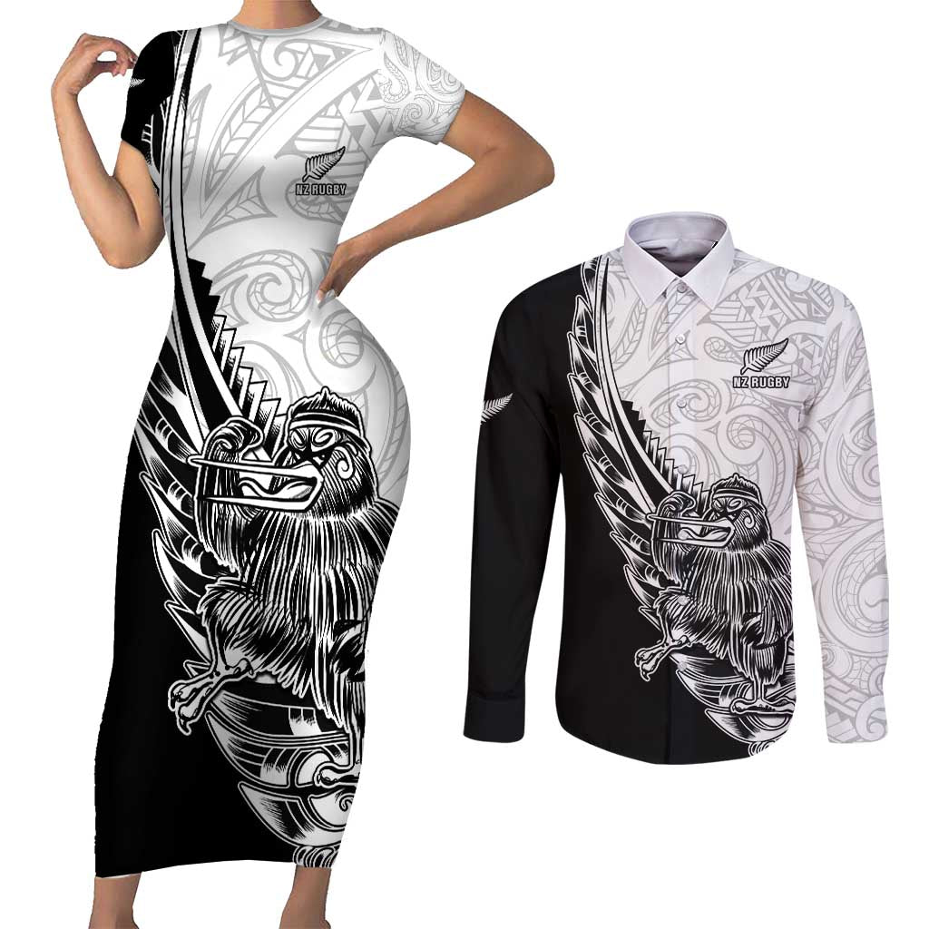 New Zealand Kiwi Rugby Custom Couples Matching Short Sleeve Bodycon Dress and Long Sleeve Button Shirt Go Champions Maori Pattern LT05 White - Polynesian Pride