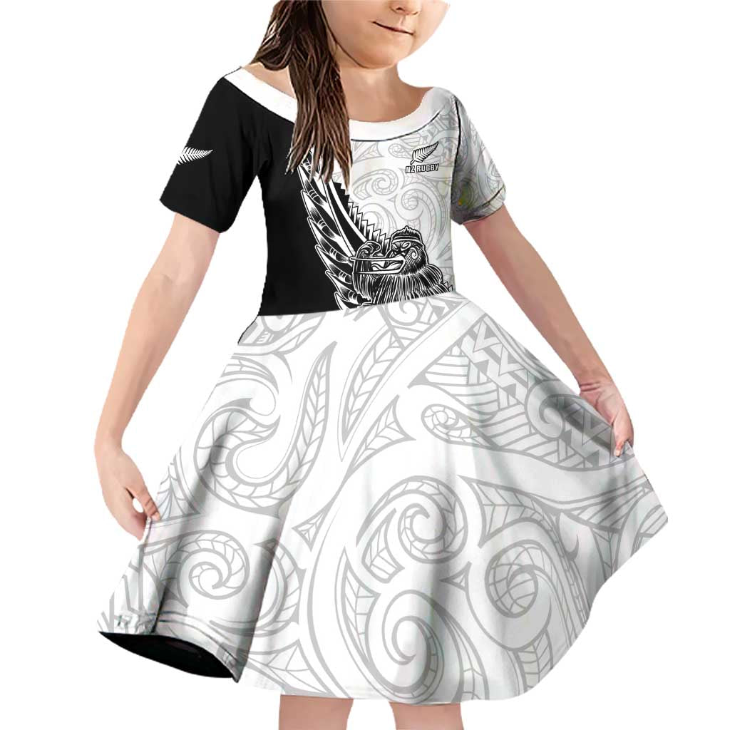 New Zealand Kiwi Rugby Custom Family Matching Off Shoulder Short Dress and Hawaiian Shirt Go Champions Maori Pattern LT05 Daughter's Dress White - Polynesian Pride