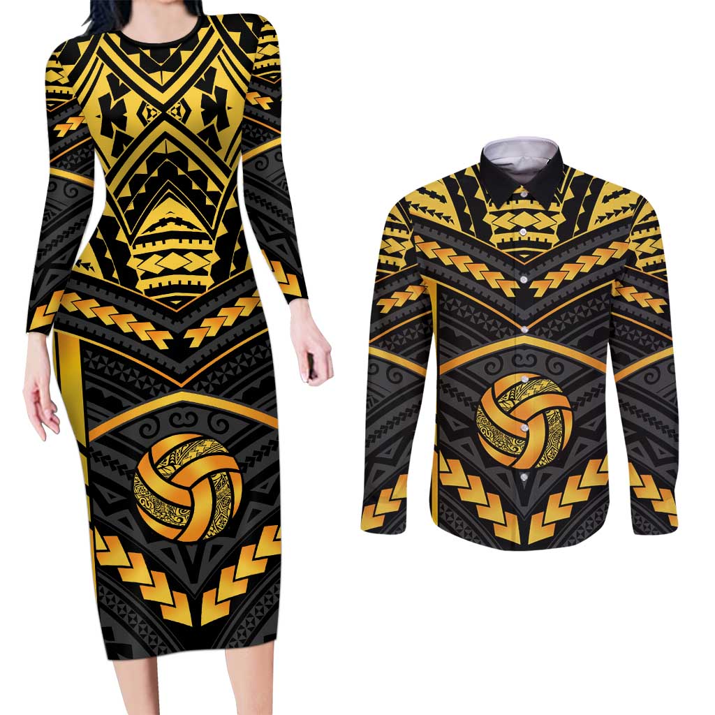 Custom Polynesia Beach Volleyball Couples Matching Long Sleeve Bodycon Dress and Long Sleeve Button Shirt Gold Polynesian Tribal Pattern LT05 Gold - Polynesian Pride