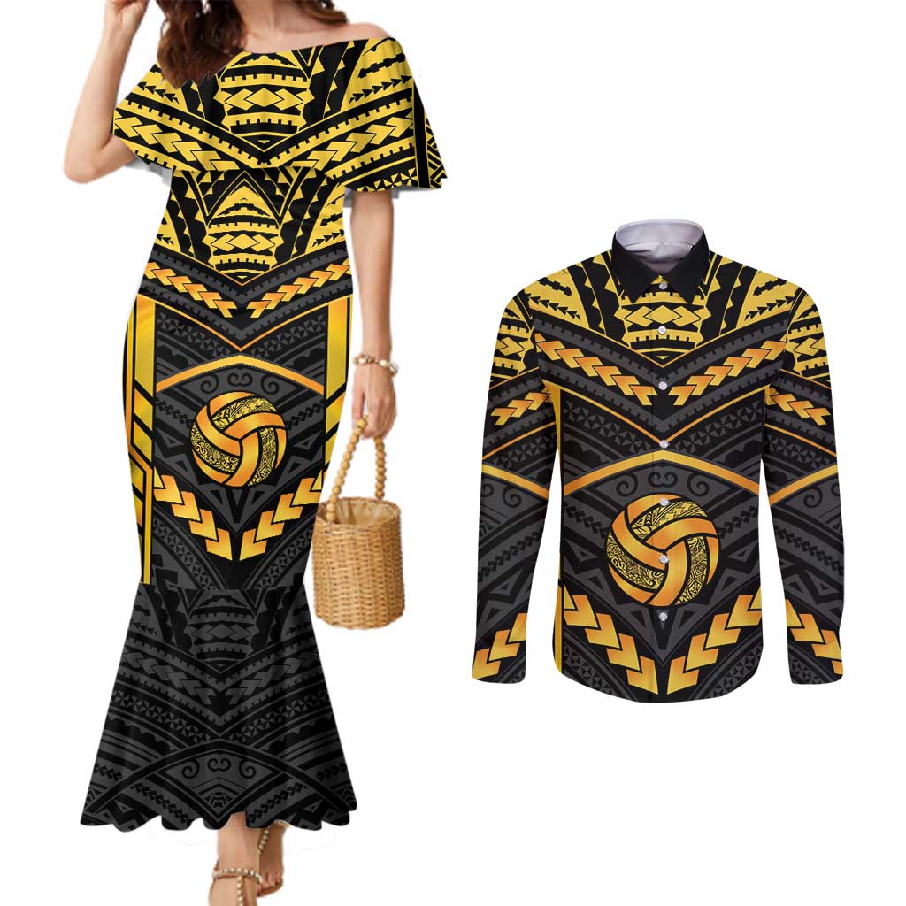 Custom Polynesia Beach Volleyball Couples Matching Mermaid Dress and Long Sleeve Button Shirt Gold Polynesian Tribal Pattern LT05 Gold - Polynesian Pride