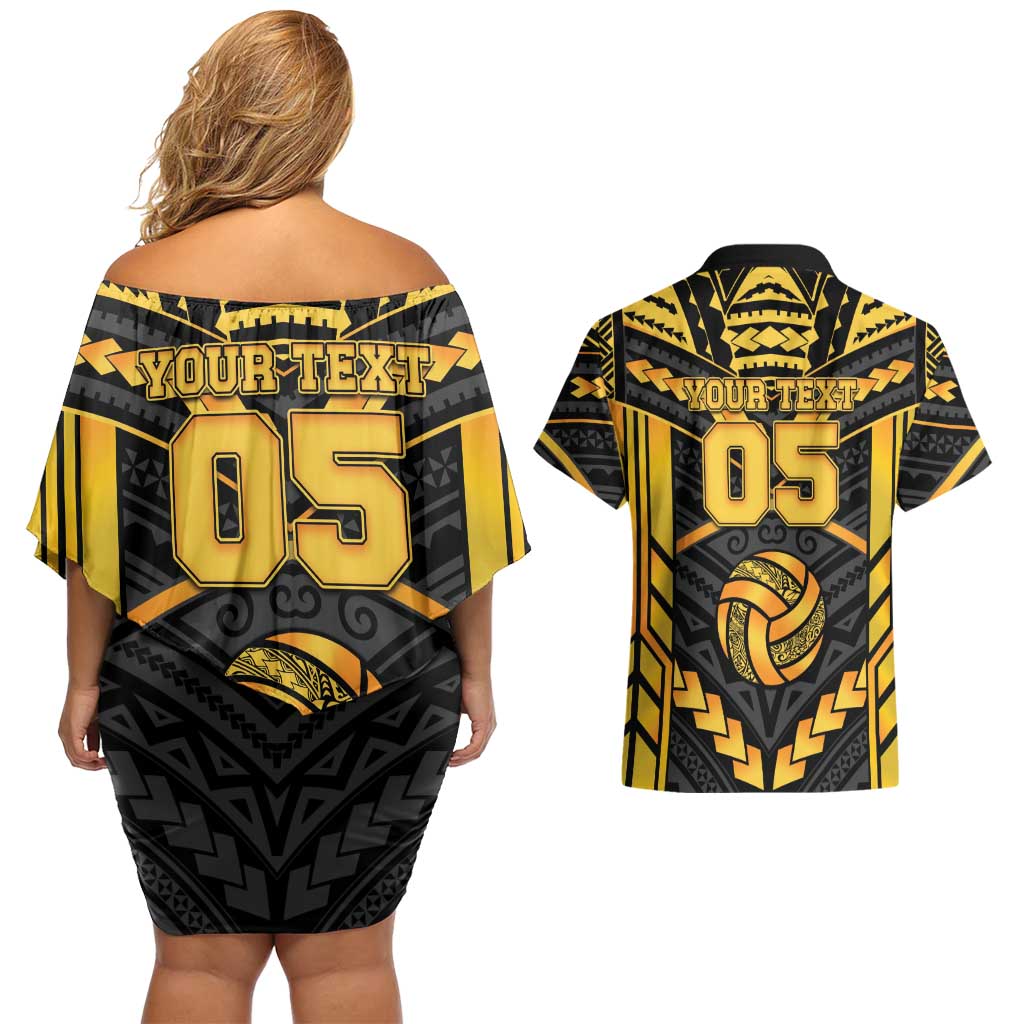 Custom Polynesia Beach Volleyball Couples Matching Off Shoulder Short Dress and Hawaiian Shirt Gold Polynesian Tribal Pattern - Polynesian Pride