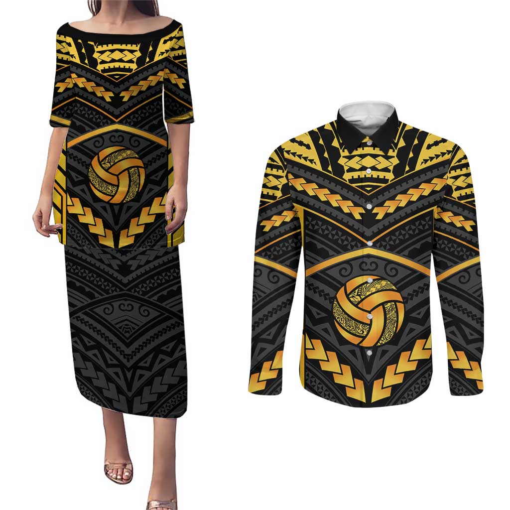 Custom Polynesia Beach Volleyball Couples Matching Puletasi and Long Sleeve Button Shirt Gold Polynesian Tribal Pattern LT05 Gold - Polynesian Pride