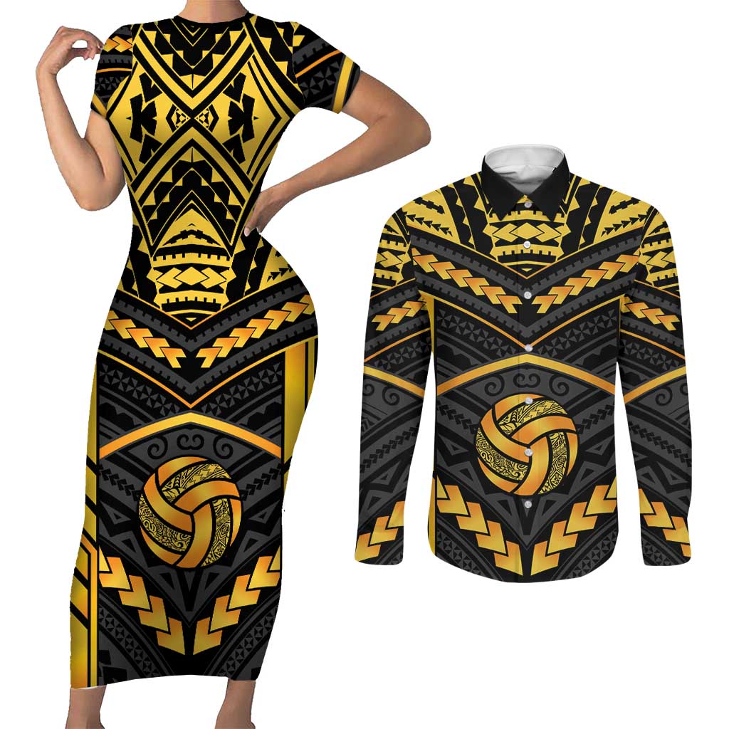 Custom Polynesia Beach Volleyball Couples Matching Short Sleeve Bodycon Dress and Long Sleeve Button Shirt Gold Polynesian Tribal Pattern LT05 Gold - Polynesian Pride