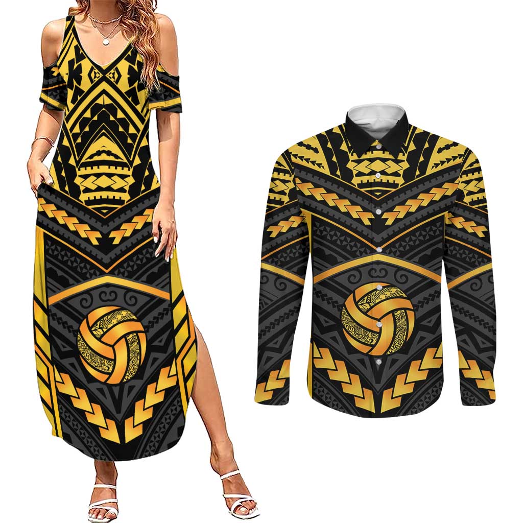 Custom Polynesia Beach Volleyball Couples Matching Summer Maxi Dress and Long Sleeve Button Shirt Gold Polynesian Tribal Pattern LT05 Gold - Polynesian Pride