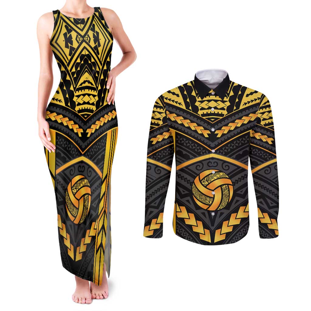 Custom Polynesia Beach Volleyball Couples Matching Tank Maxi Dress and Long Sleeve Button Shirt Gold Polynesian Tribal Pattern LT05 Gold - Polynesian Pride