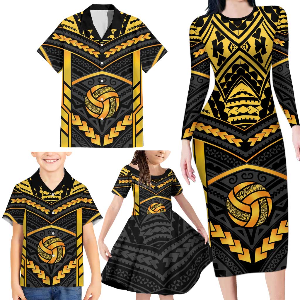 Custom Polynesia Beach Volleyball Family Matching Long Sleeve Bodycon Dress and Hawaiian Shirt Gold Polynesian Tribal Pattern LT05 - Polynesian Pride