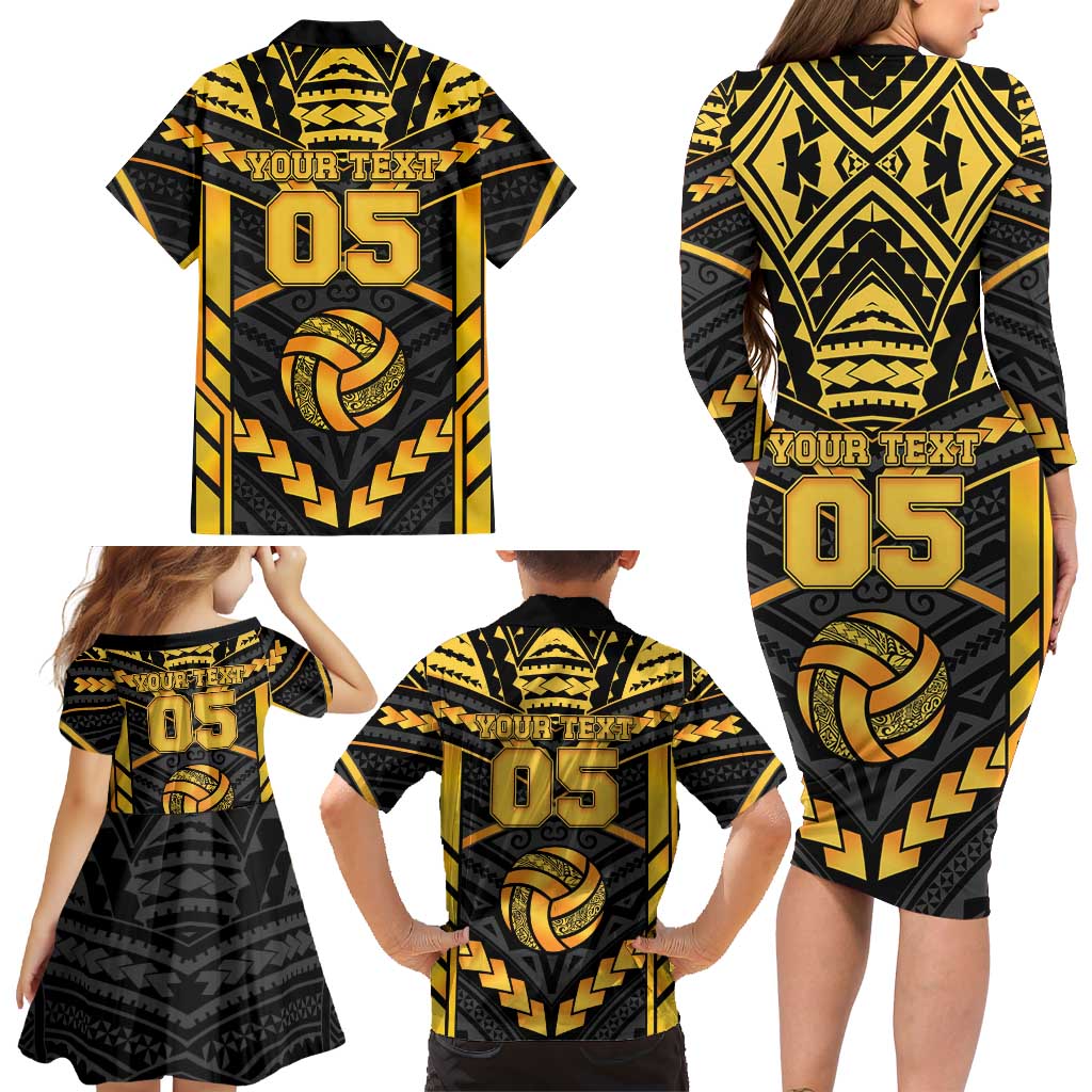 Custom Polynesia Beach Volleyball Family Matching Long Sleeve Bodycon Dress and Hawaiian Shirt Gold Polynesian Tribal Pattern LT05 - Polynesian Pride