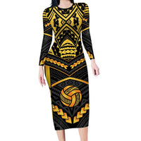 Custom Polynesia Beach Volleyball Family Matching Long Sleeve Bodycon Dress and Hawaiian Shirt Gold Polynesian Tribal Pattern LT05 Mom's Dress Gold - Polynesian Pride