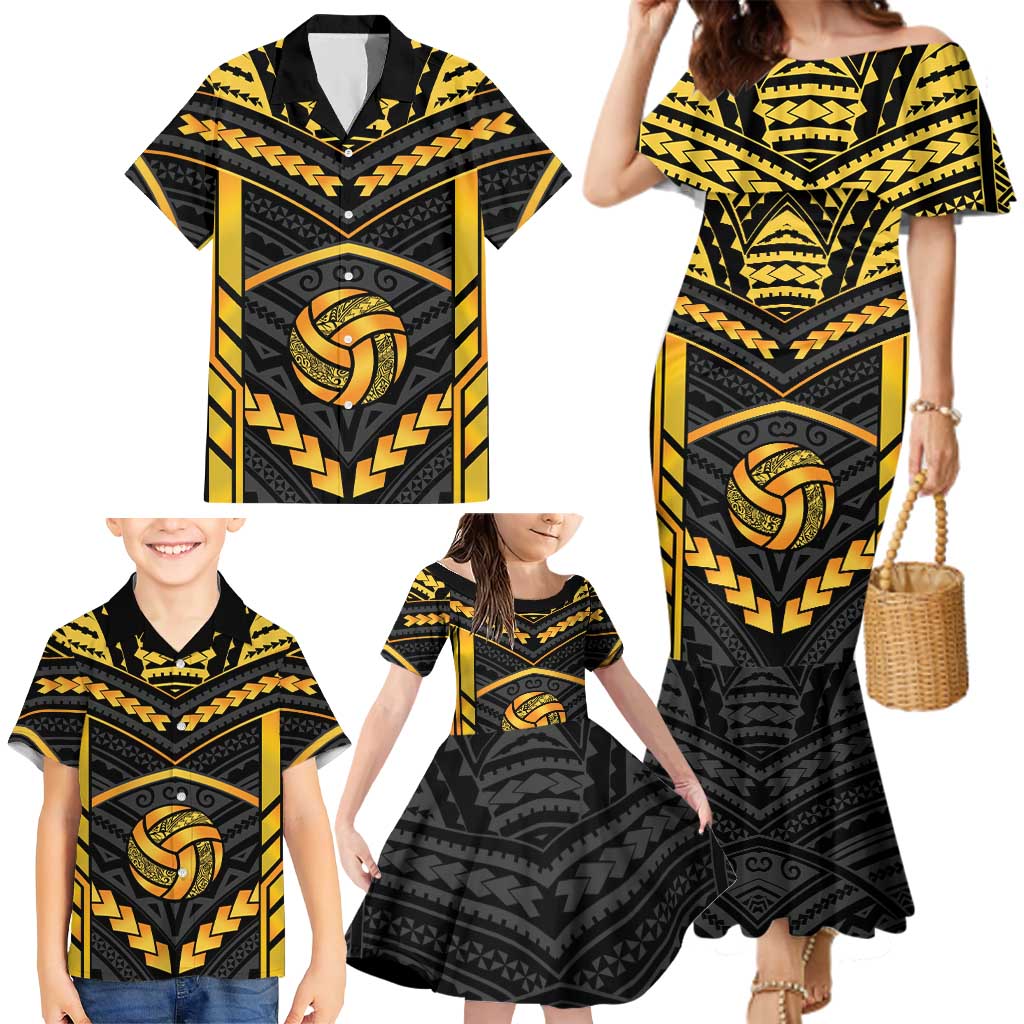 Custom Polynesia Beach Volleyball Family Matching Mermaid Dress and Hawaiian Shirt Gold Polynesian Tribal Pattern LT05 - Polynesian Pride
