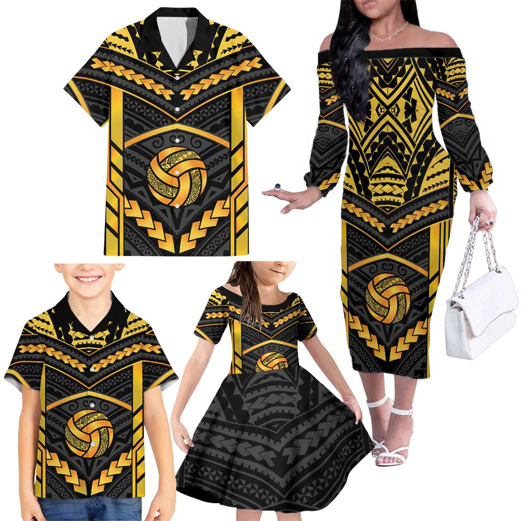 Custom Polynesia Beach Volleyball Family Matching Off The Shoulder Long Sleeve Dress and Hawaiian Shirt Gold Polynesian Tribal Pattern LT05 - Polynesian Pride