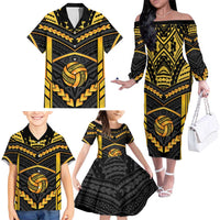 Custom Polynesia Beach Volleyball Family Matching Off The Shoulder Long Sleeve Dress and Hawaiian Shirt Gold Polynesian Tribal Pattern LT05 - Polynesian Pride