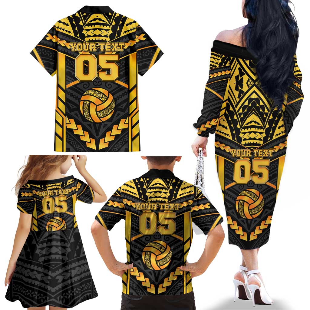 Custom Polynesia Beach Volleyball Family Matching Off The Shoulder Long Sleeve Dress and Hawaiian Shirt Gold Polynesian Tribal Pattern LT05 - Polynesian Pride