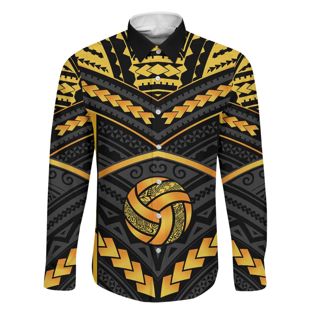 Custom Polynesia Beach Volleyball Family Matching Off The Shoulder Long Sleeve Dress and Hawaiian Shirt Gold Polynesian Tribal Pattern LT05 Dad's Shirt - Long Sleeve Gold - Polynesian Pride