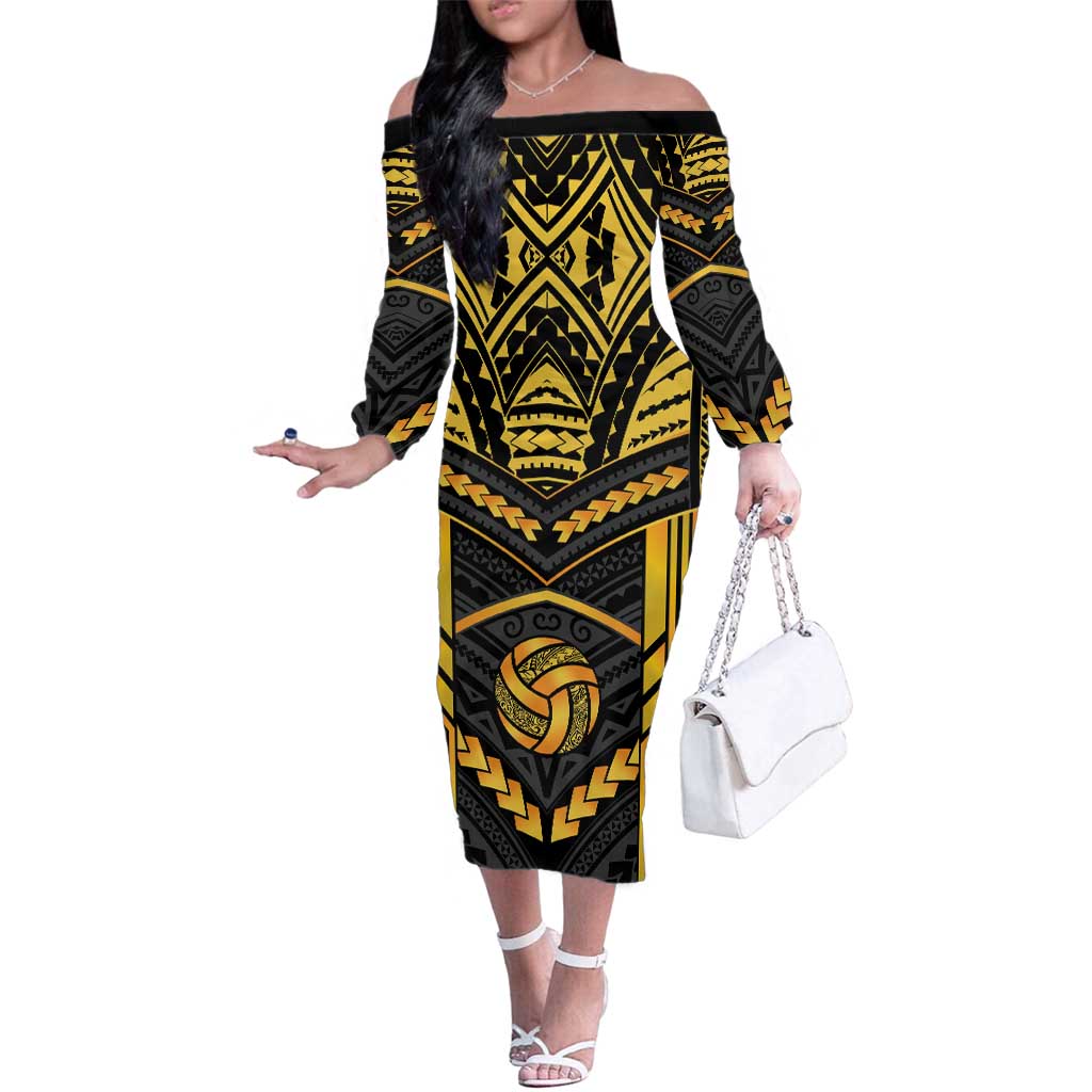Custom Polynesia Beach Volleyball Family Matching Off The Shoulder Long Sleeve Dress and Hawaiian Shirt Gold Polynesian Tribal Pattern LT05 Mom's Dress Gold - Polynesian Pride