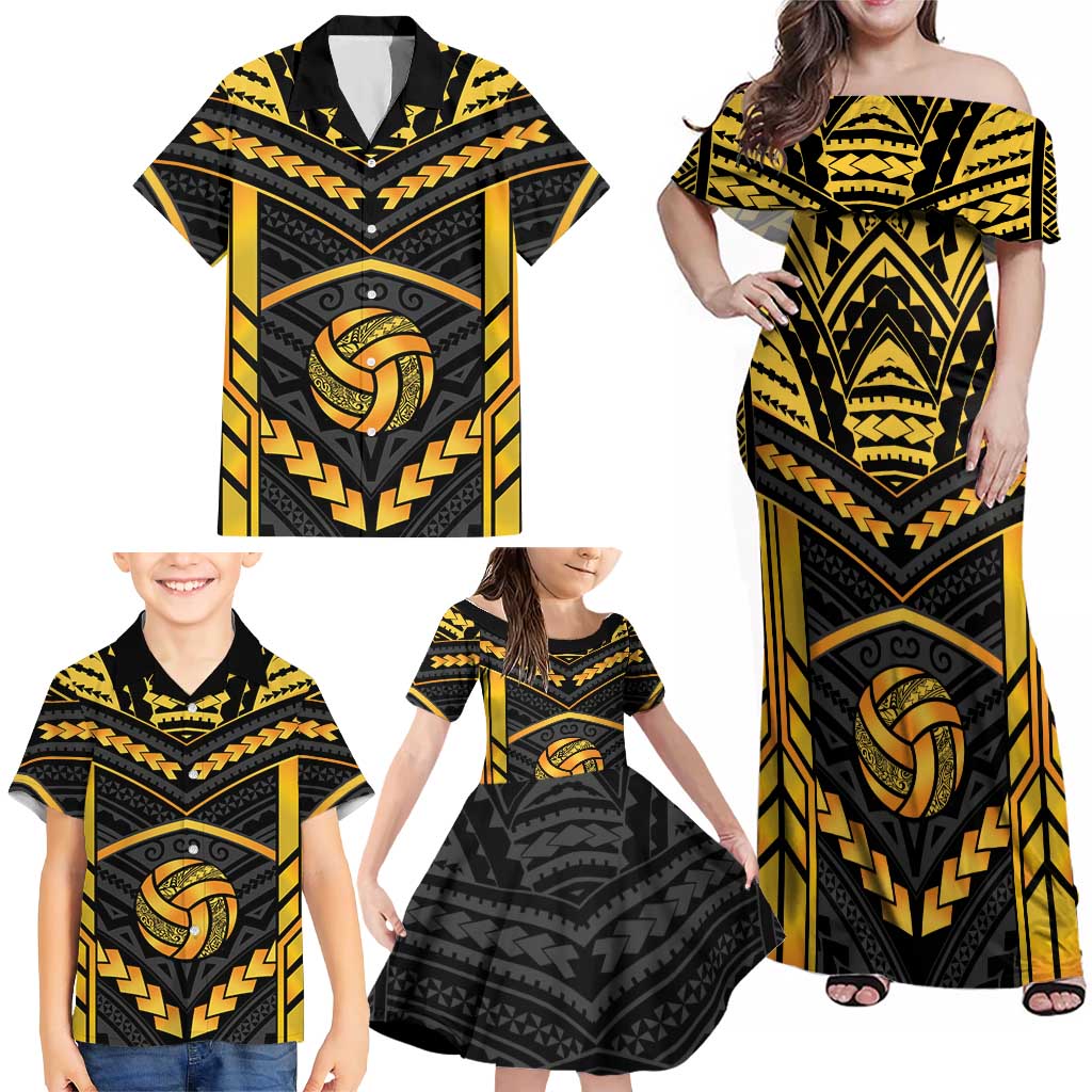 Custom Polynesia Beach Volleyball Family Matching Off Shoulder Maxi Dress and Hawaiian Shirt Gold Polynesian Tribal Pattern LT05 - Polynesian Pride