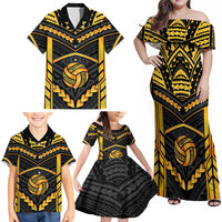Custom Polynesia Beach Volleyball Family Matching Off Shoulder Maxi Dress and Hawaiian Shirt Gold Polynesian Tribal Pattern LT05 - Polynesian Pride