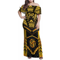 Custom Polynesia Beach Volleyball Family Matching Off Shoulder Maxi Dress and Hawaiian Shirt Gold Polynesian Tribal Pattern LT05 Mom's Dress Gold - Polynesian Pride