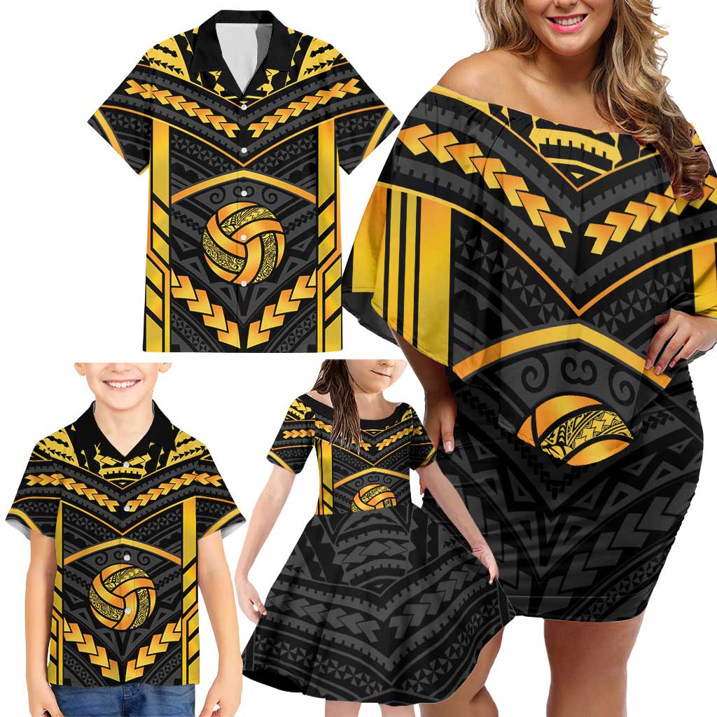 Custom Polynesia Beach Volleyball Family Matching Off Shoulder Short Dress and Hawaiian Shirt Gold Polynesian Tribal Pattern LT05 - Polynesian Pride