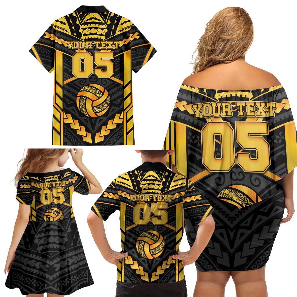 Custom Polynesia Beach Volleyball Family Matching Off Shoulder Short Dress and Hawaiian Shirt Gold Polynesian Tribal Pattern LT05 - Polynesian Pride