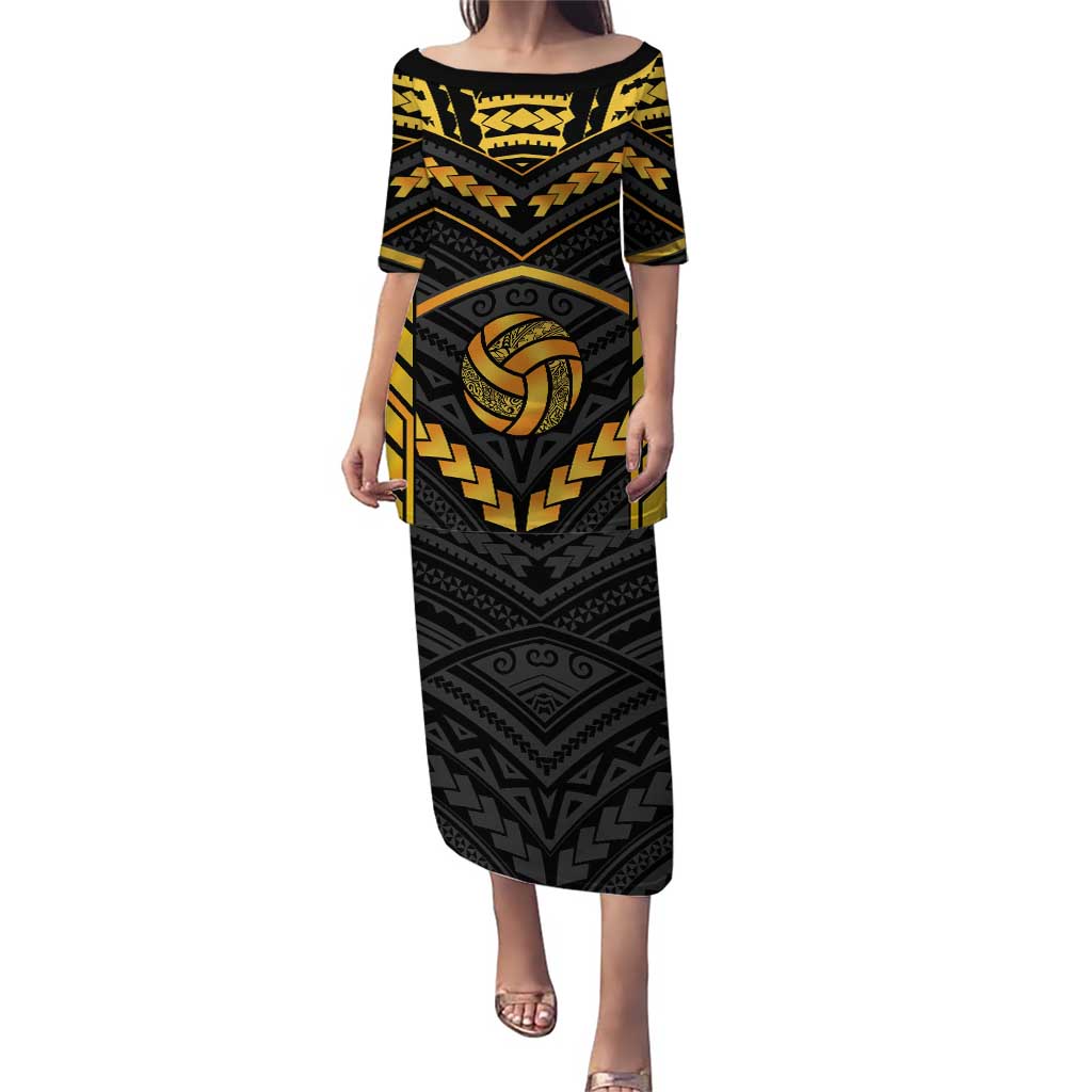 Custom Polynesia Beach Volleyball Family Matching Puletasi and Hawaiian Shirt Gold Polynesian Tribal Pattern - Polynesian Pride