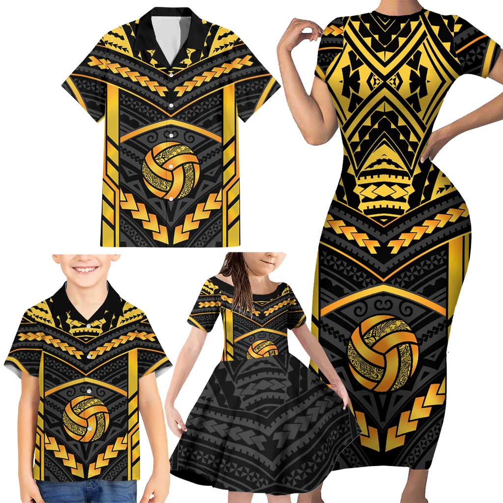 Custom Polynesia Beach Volleyball Family Matching Short Sleeve Bodycon Dress and Hawaiian Shirt Gold Polynesian Tribal Pattern LT05 - Polynesian Pride