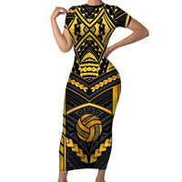 Custom Polynesia Beach Volleyball Family Matching Short Sleeve Bodycon Dress and Hawaiian Shirt Gold Polynesian Tribal Pattern LT05 Mom's Dress Gold - Polynesian Pride