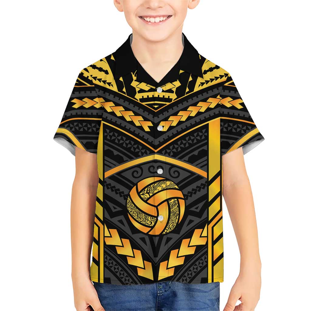 Custom Polynesia Beach Volleyball Family Matching Short Sleeve Bodycon Dress and Hawaiian Shirt Gold Polynesian Tribal Pattern LT05 Son's Shirt Gold - Polynesian Pride