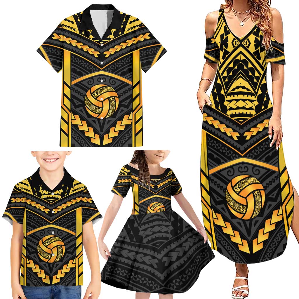 Custom Polynesia Beach Volleyball Family Matching Summer Maxi Dress and Hawaiian Shirt Gold Polynesian Tribal Pattern - Polynesian Pride