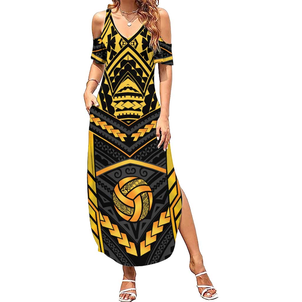 Custom Polynesia Beach Volleyball Family Matching Summer Maxi Dress and Hawaiian Shirt Gold Polynesian Tribal Pattern LT05 Mom's Dress Gold - Polynesian Pride