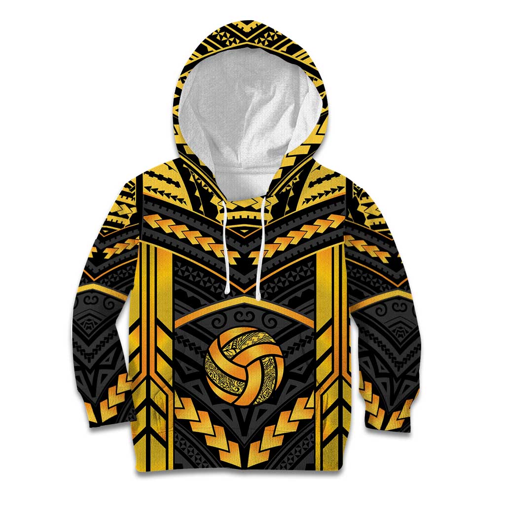 Custom Polynesia Beach Volleyball Kid Hoodie Gold Polynesian Tribal Pattern - Polynesian Pride