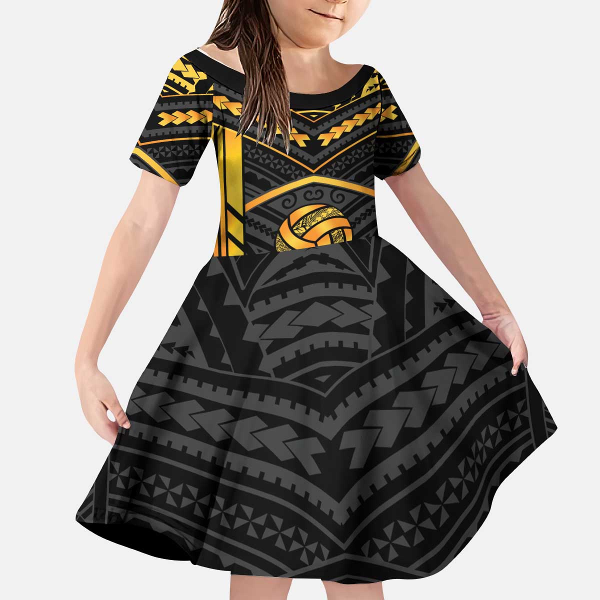 Custom Polynesia Beach Volleyball Kid Short Sleeve Dress Gold Polynesian Tribal Pattern - Polynesian Pride