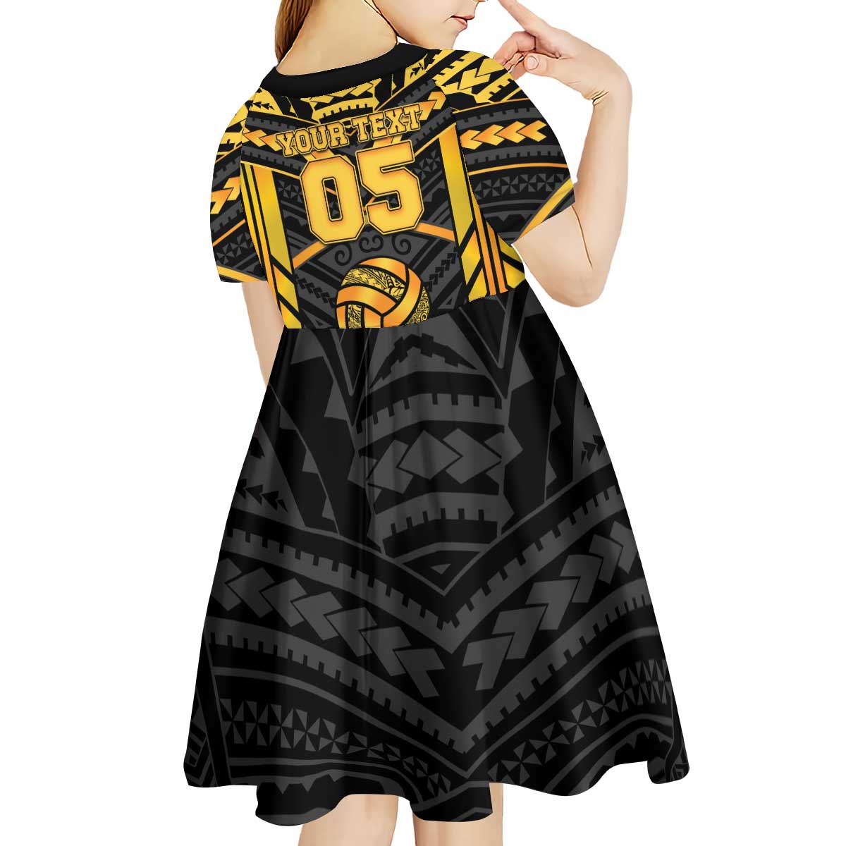 Custom Polynesia Beach Volleyball Kid Short Sleeve Dress Gold Polynesian Tribal Pattern - Polynesian Pride