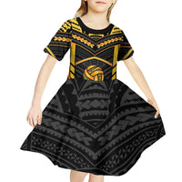 Custom Polynesia Beach Volleyball Kid Short Sleeve Dress Gold Polynesian Tribal Pattern - Polynesian Pride